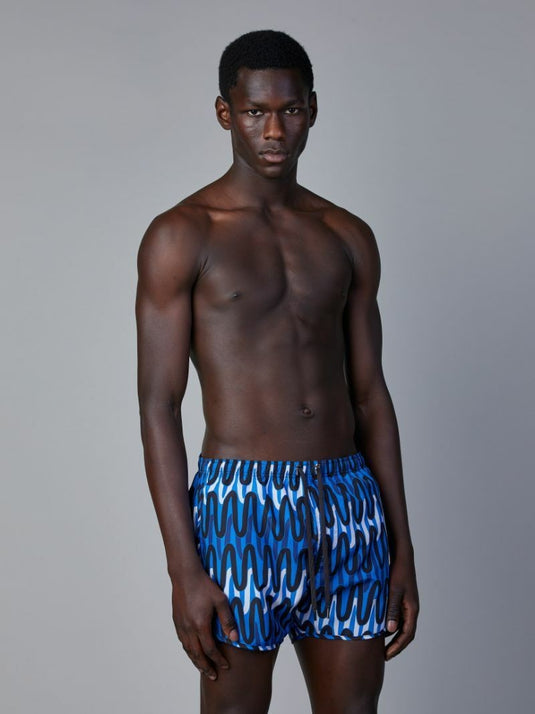 Translation missing: en.Neil Barrett Slim Fit Scribble Print Swim Trunks in Blue, Black, White-Size 2XL