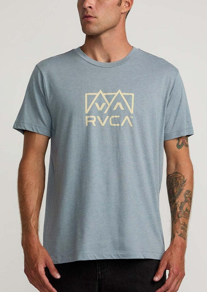 Translation missing: en.RVCA Men's Slim Fit Red Stitch Peak Graphic T-Shirt Flint Stone Blue-2XL