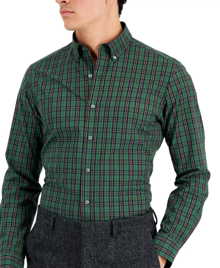 Translation missing: en.Club Room Mens Slim Fit 4-Way Stretch Plata Plaid Dress Shirt Green-Small