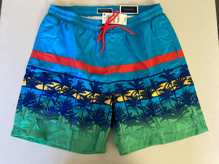Translation missing: en.Club Room Men's Colorblocked Palm Print 7" Quick Dry Swim Trunks Turquoise-Med