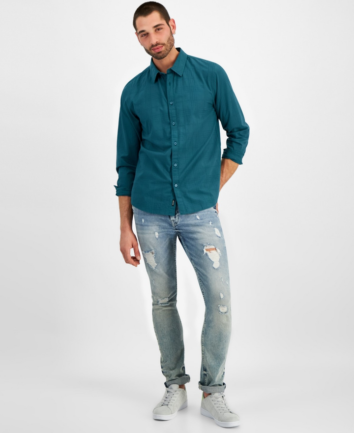 Translation missing: en.Guess Men's Regent Slim-Fit Tonal Stitched Plaid Shirt True Teal-Small