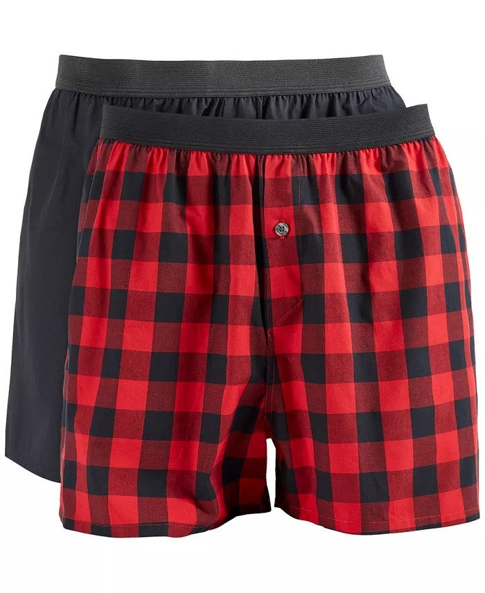 Translation missing: en.Club Room Men's 2-pk. Patterned &amp; Solid Boxer Shorts Black &amp; Red-Small 29-31
