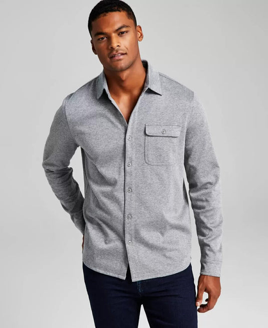 Translation missing: en.And Now This Men's Classic-Fit Solid Knit Button-Down Shirt in Lt Grey-Medium