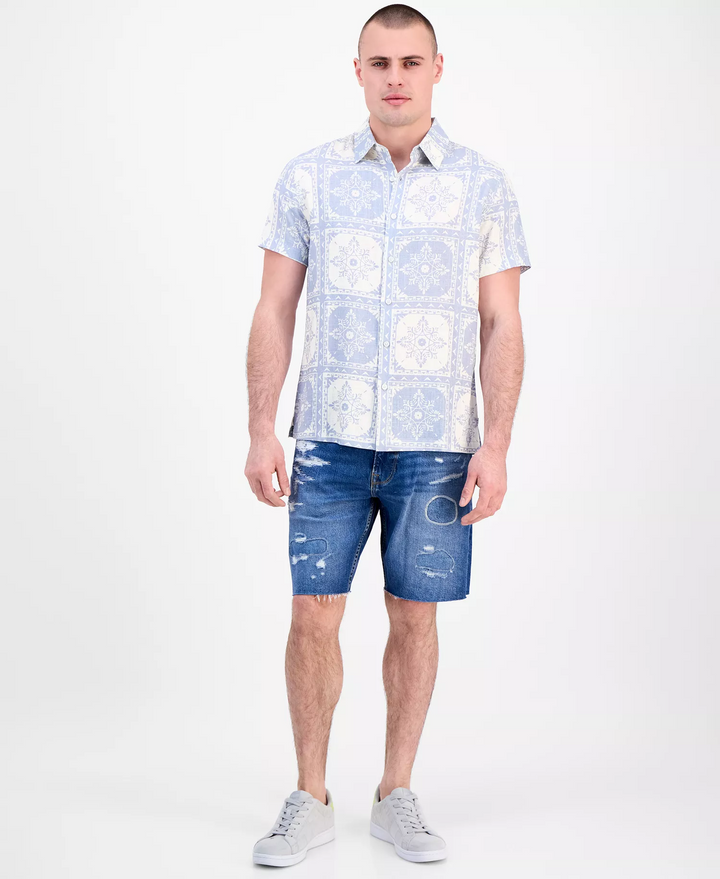 Translation missing: en.Guess Men's Mosley Short Sleeve Tile Print Shirt Nimbus Blue Tile-Medium