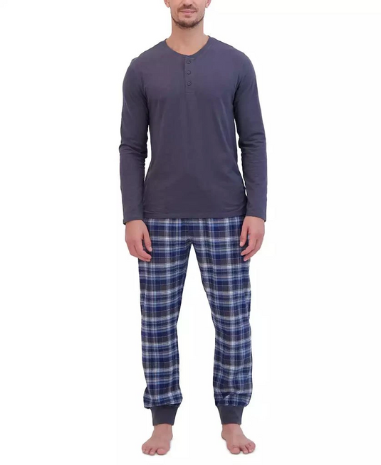 Translation missing: en.Hanes Men's 2-Pc. Henley Crew Top &amp; Ultra Soft Flannel Jogger Sleep Set Grey-XL