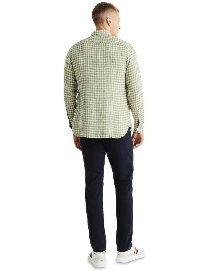 Translation missing: en.Tommy Hilfiger Men's Slim-Fit Gingham Check Linen Shirt Faded Olive  White-Small