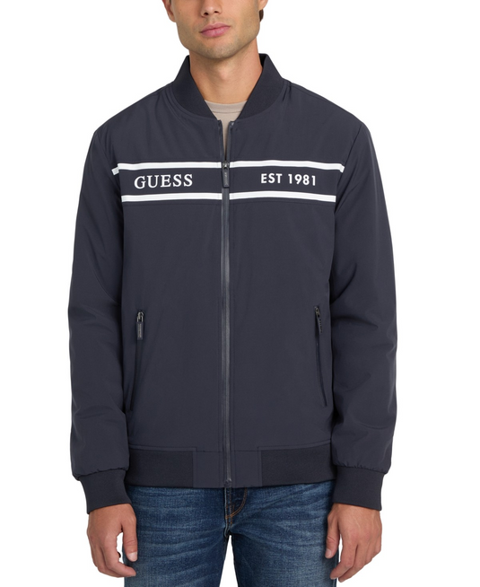 Translation missing: en.Guess Men's Bomber Jacket Size Large Navy Sea Lightweight Logo Full-Zip Stretch