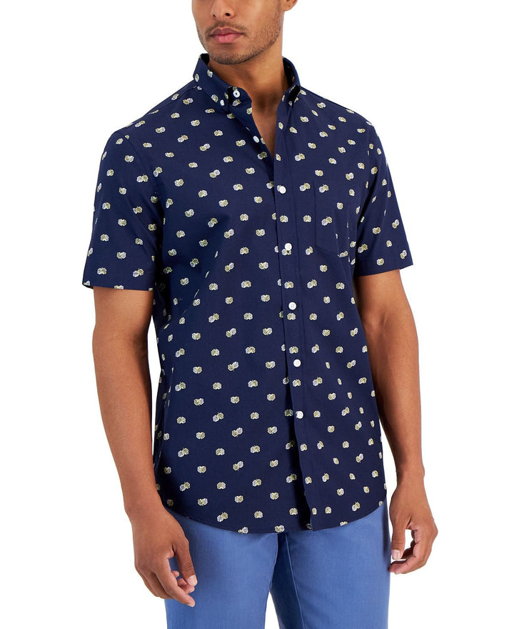 Translation missing: en.Club Room Men's Brother Reg-Fit Leaf-Print Cotton Button-Down Shirt Navy-Small