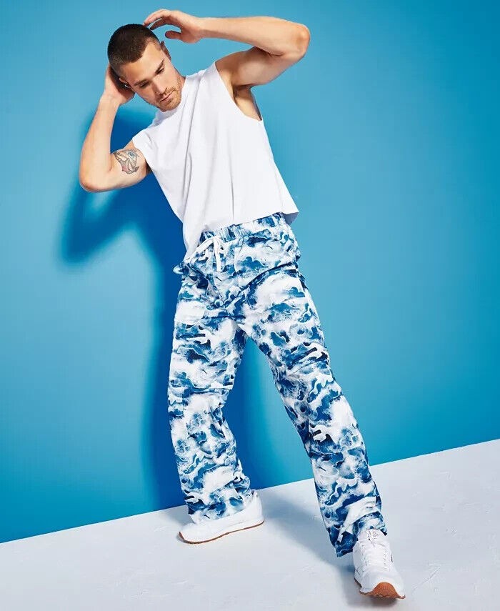 Translation missing: en.Royalty by Maluma Men's Relaxed-Fit Wave-Print Convertible Utility Pants Blue-XL
