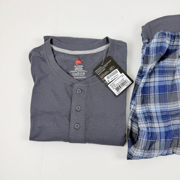 Translation missing: en.Hanes Men's 2-Pc. Henley Crew Top &amp; Ultra Soft Flannel Jogger Sleep Set Grey-XL