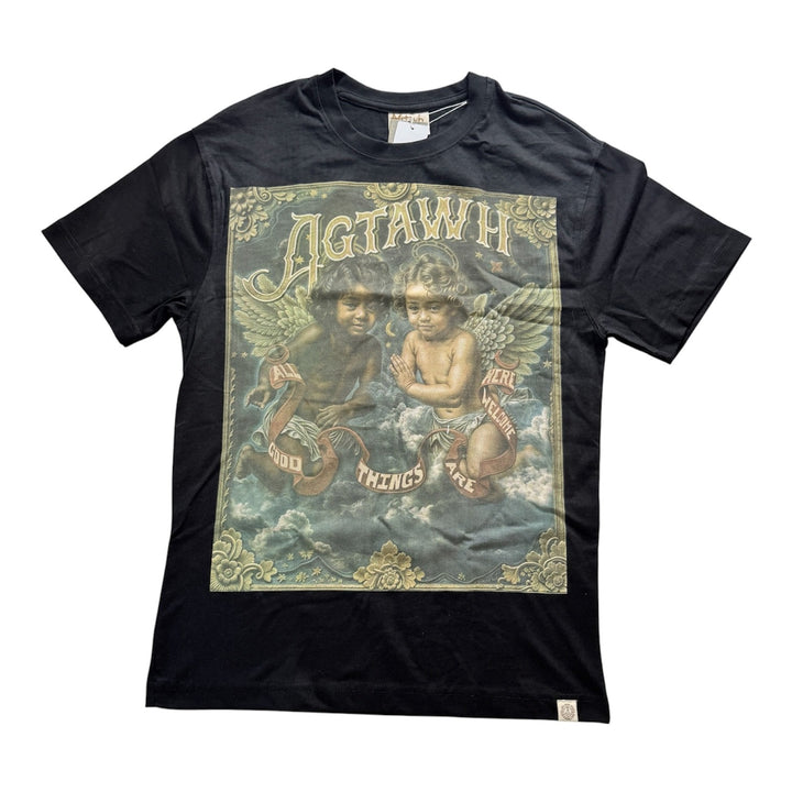 Translation missing: en.All Good Things Are Welcome Here Premium Cherubin T-Shirt Black Cotton-Medium