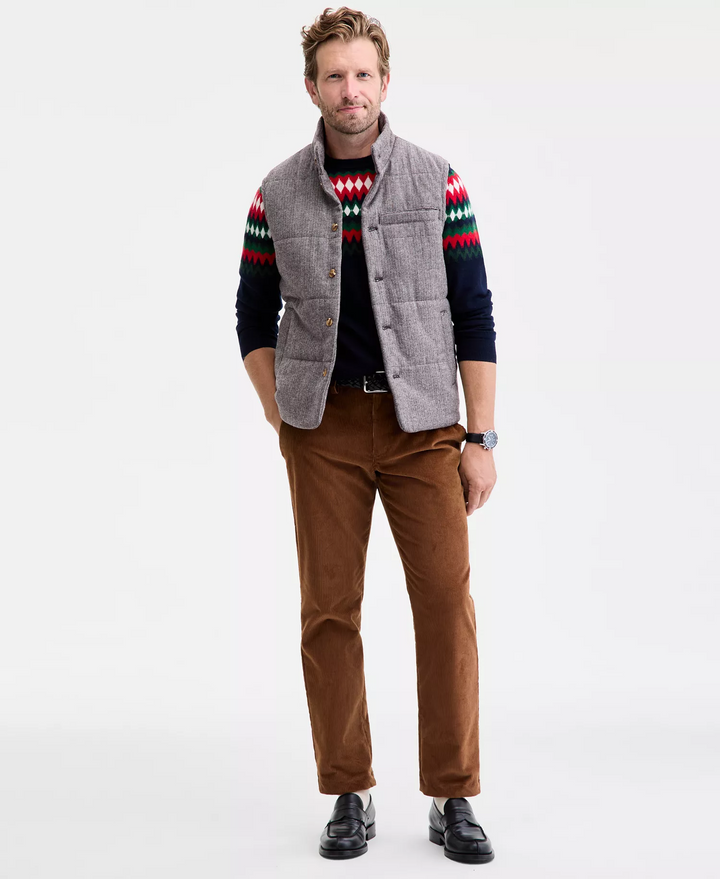 Translation missing: en.Club Room Men's Tweed Herringbone Button-Front Padded Vest Brown-Large