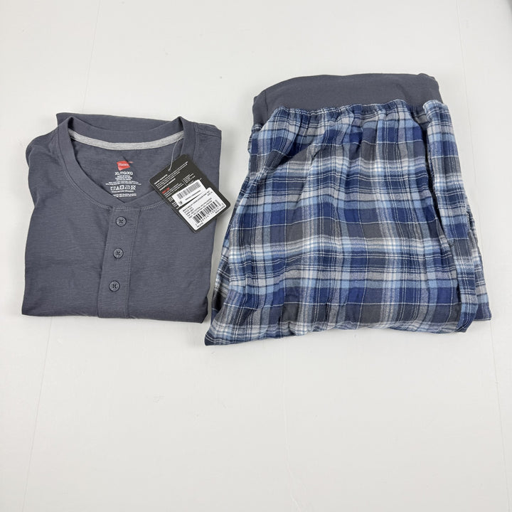 Translation missing: en.Hanes Men's 2-Pc. Henley Crew Top &amp; Ultra Soft Flannel Jogger Sleep Set Grey-XL