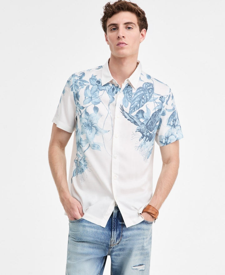 Translation missing: en.Guess Men's Short Sleeve Tropical Print Button-Front Camp Shirt-Squall Sea-Small