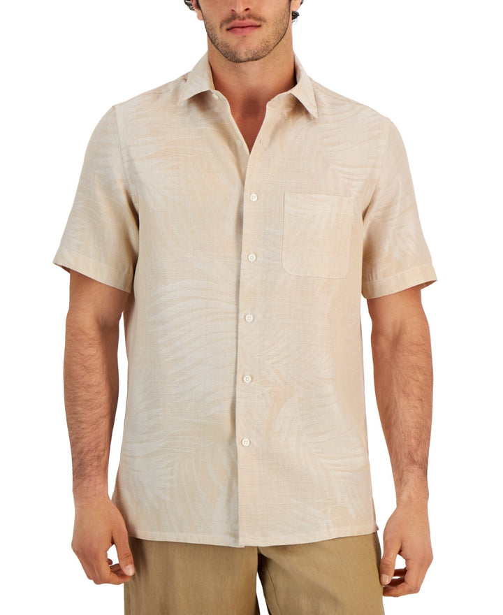 Translation missing: en.Club Room Men's Linen Blend Elevated Palm Jacquard Shirt Khaki Combo-Small
