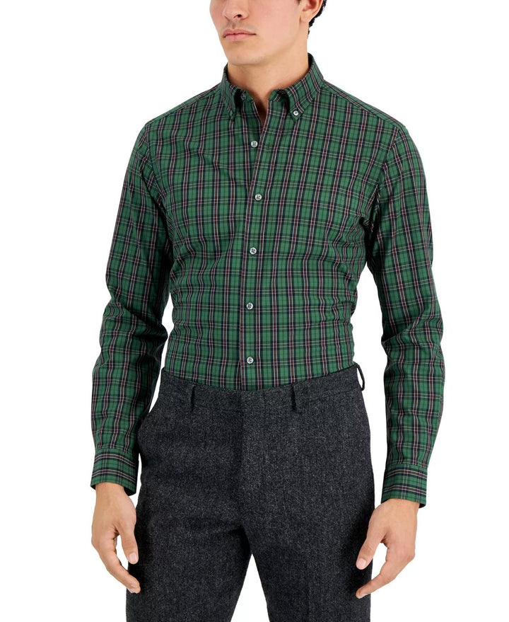 Translation missing: en.Club Room Mens Slim Fit 4-Way Stretch Plata Plaid Dress Shirt Green-Small