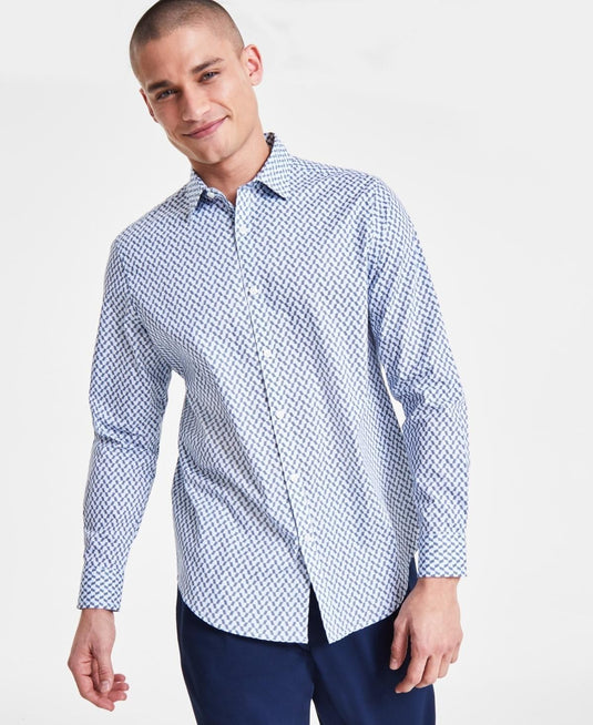 Translation missing: en.Alfani Men's Regular-Fit Stretch Chevron Geo-Print Shirt Croquis Blue-Medium