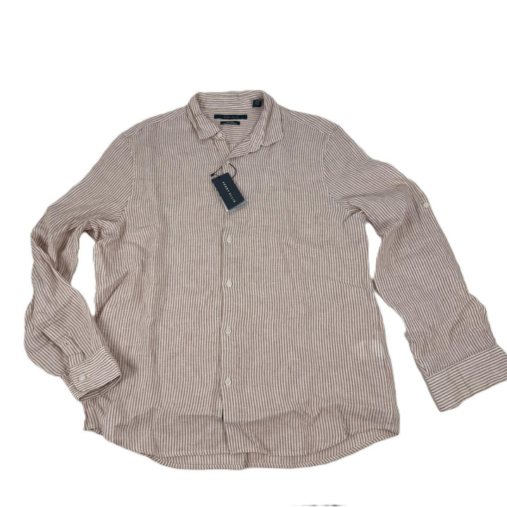 Translation missing: en.Perry Ellis Stripe Linen Roll-Sleeve Woven Button Down Shirt Copper Brown-Large