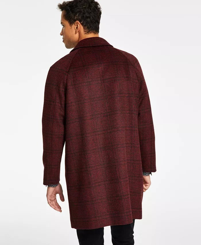 Translation missing: en.Alfani Men's Balmacaan Poly-Wool Plaid-Pattern Dual-Pocket Top Coat Merlot-Small