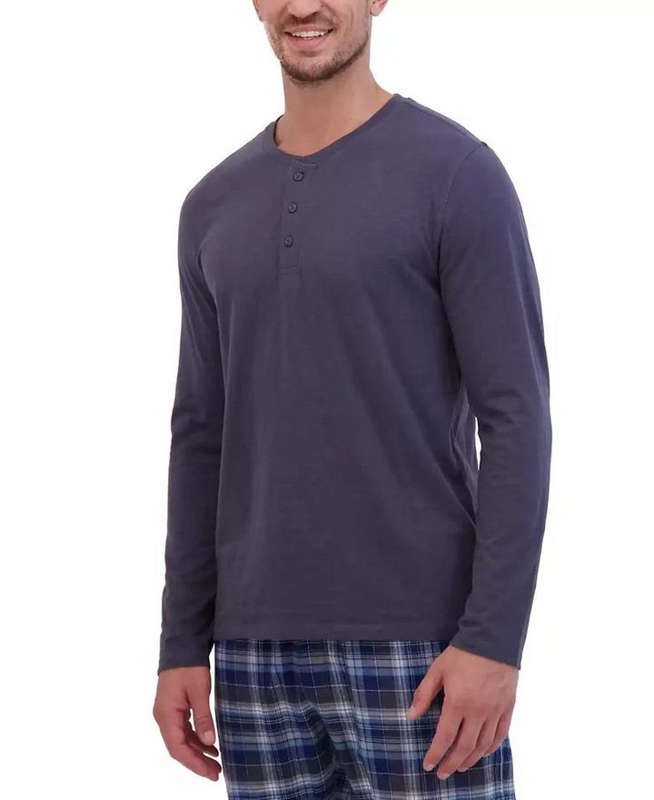 Translation missing: en.Hanes Men's 2-Pc. Henley Crew Top &amp; Ultra Soft Flannel Jogger Sleep Set Grey-XL