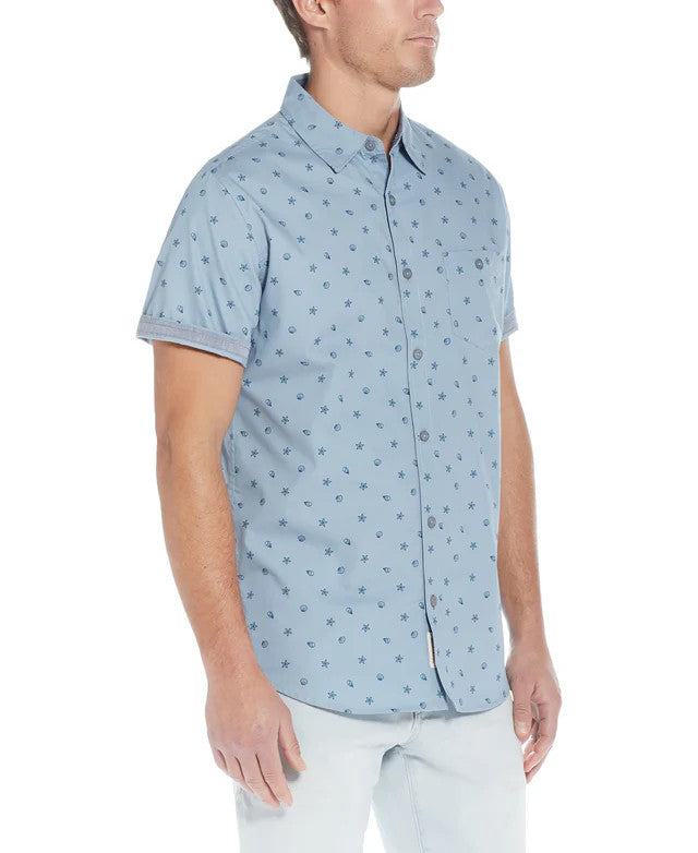 Translation missing: en.Weatherproof Vintage Men's Poplin Seashell Printed Shirt In Dusty Blue-Medium