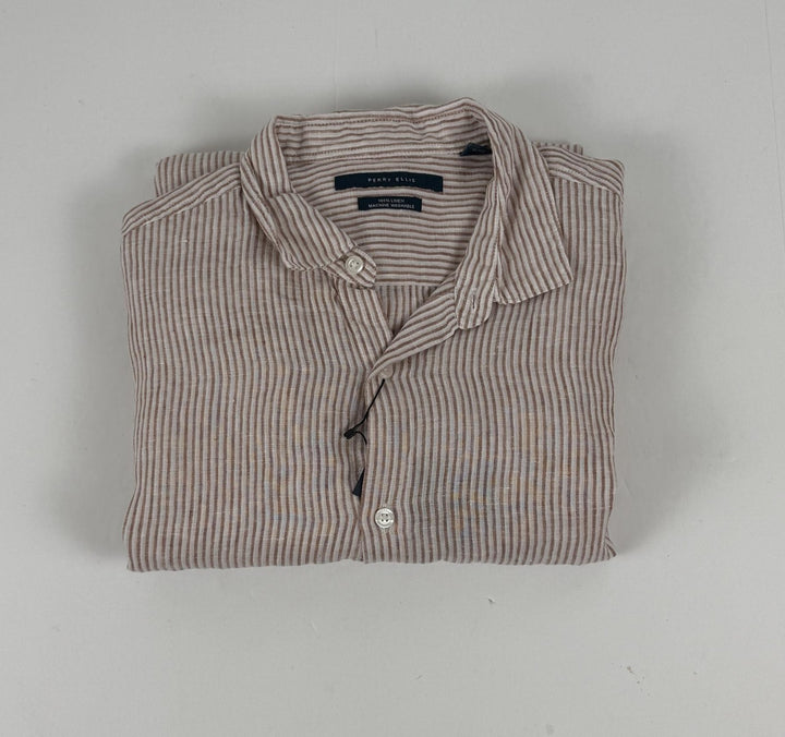 Translation missing: en.Perry Ellis Stripe Linen Roll-Sleeve Woven Button Down Shirt Copper Brown-Large