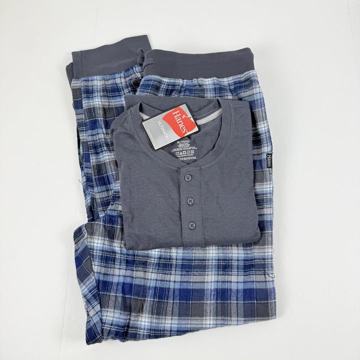 Translation missing: en.Hanes Men's 2-Pc. Henley Crew Top &amp; Ultra Soft Flannel Jogger Sleep Set Grey-XL