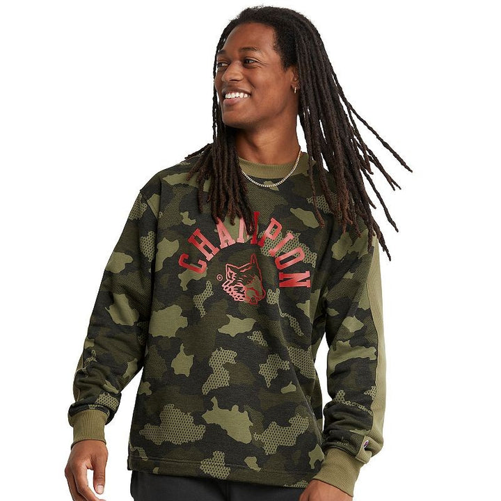 Translation missing: en.Champion Mens Urban Pursuits Camo Pattern Fleece Crewneck Sweatshirt Olive-Small
