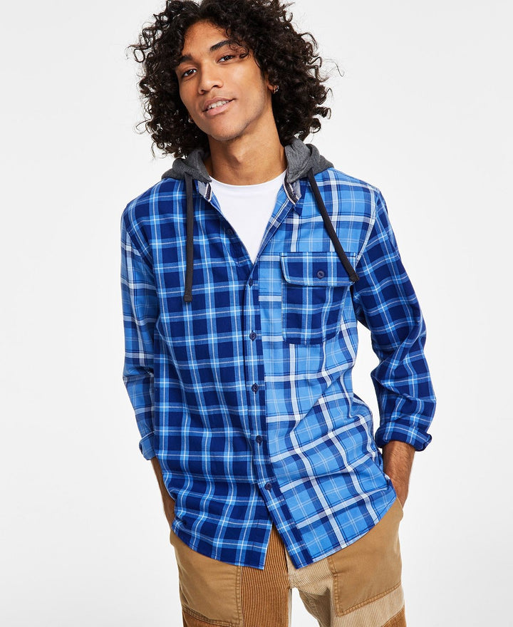 Translation missing: en.Sun + Stone Men's Snyder Regular-Fit Patchwork Plaid Hooded Shirt Blue Combo-Med