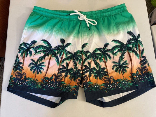 Translation missing: en.INC Men's Regular-Fit Quick-Dry Sunset Palm Tree-Print 5" Swim Trunks Green-2XL