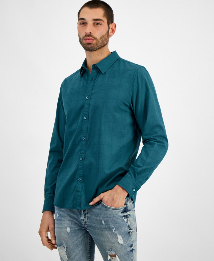 Translation missing: en.Guess Men's Regent Slim-Fit Tonal Stitched Plaid Shirt True Teal-Medium
