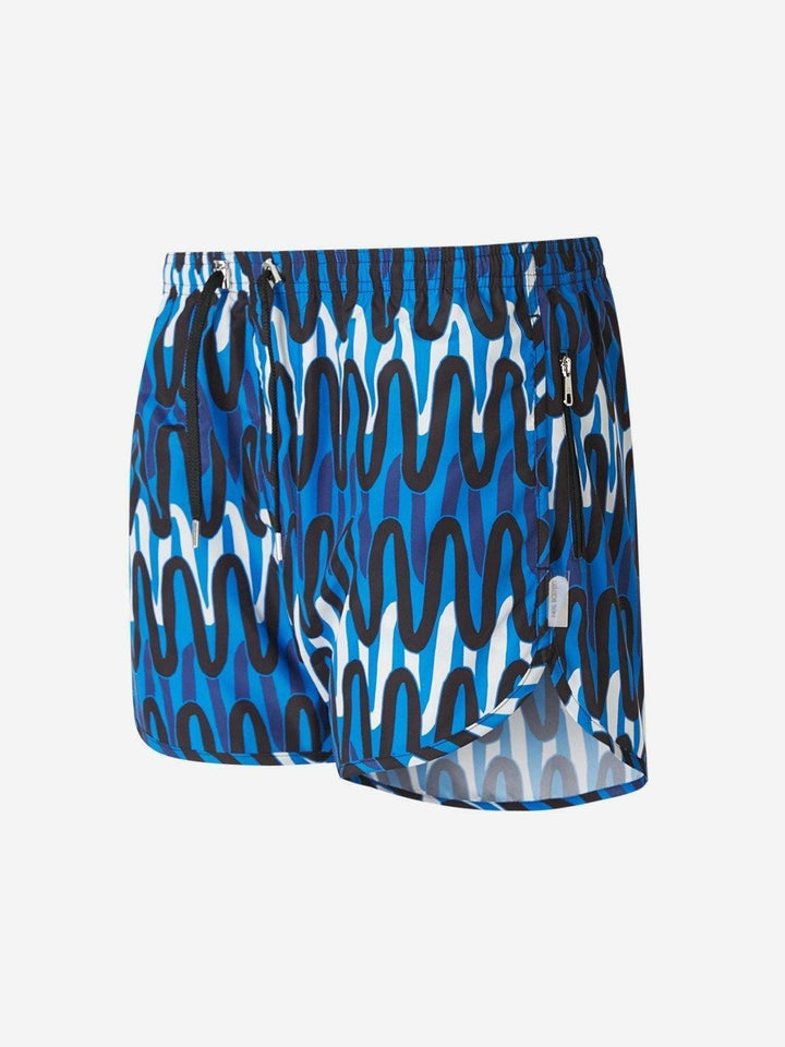 Translation missing: en.Neil Barrett Slim Fit Scribble Print Swim Trunks in Blue, Black, White-Size 2XL