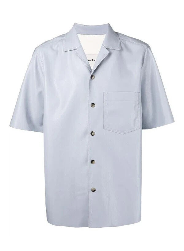 Translation missing: en.Nanushka Bodil Dusty Blue Okobor Faux Leather Camp Shirt-Small