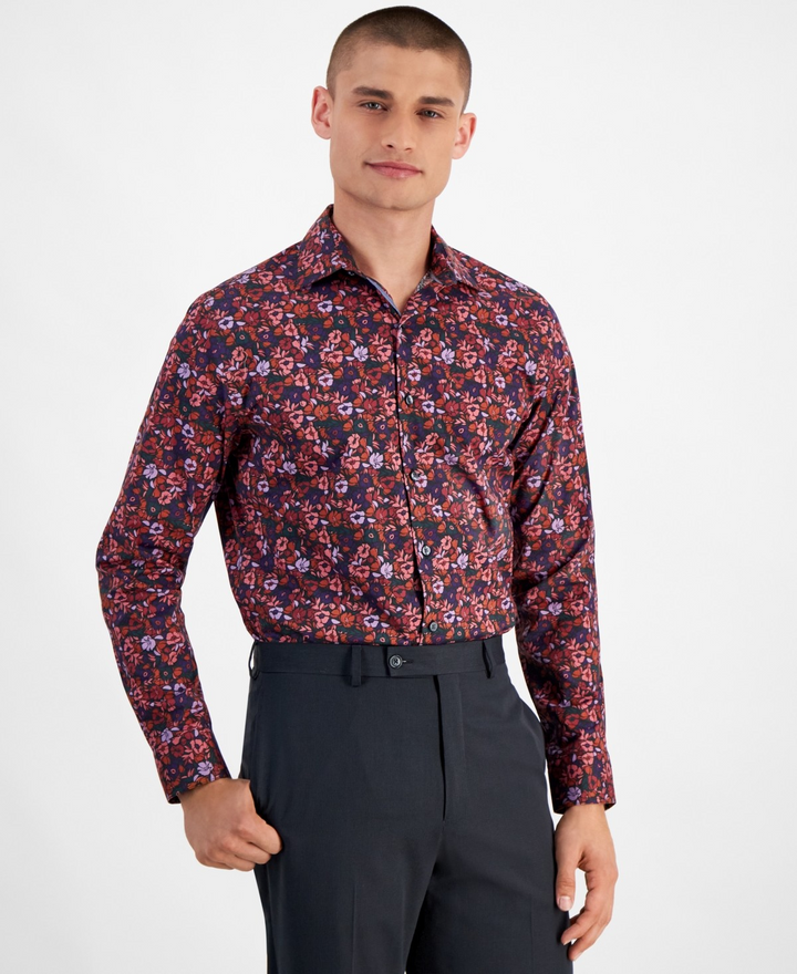 Translation missing: en.Bar III Men's Slim-Fit Black Holiday Floral Dress Shirt Multi Red Black-14-14.5