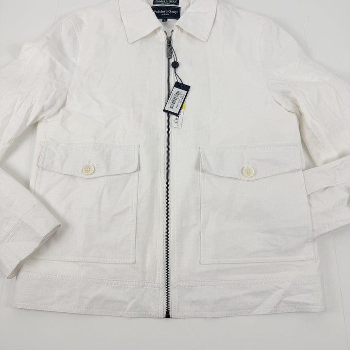 Translation missing: en.Paisley &amp; Gray Men's Bomber Jacket Size Small White Zip-Front Linen Blend Lined