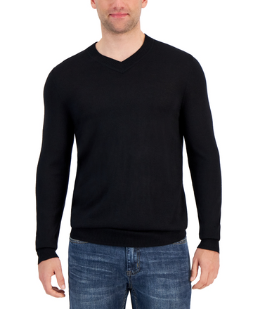Translation missing: en.Alfani Men's Extra Fine V-Neck Merino Blend Sweater, Deep Black-Small