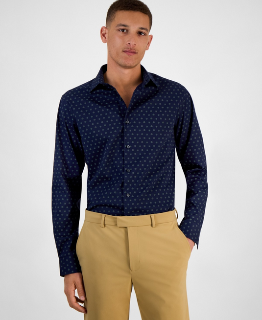 Translation missing: en.Alfani Men's Geo-Print Dress Shirt Slim Fit Navy sage Stretch-15-15.5 32/33