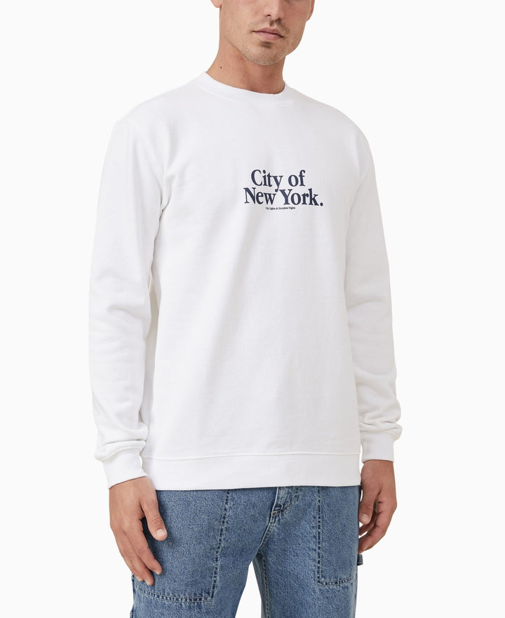 Translation missing: en.Cotton On Men's Graphic Crew Fleece Sweatshirt City of New York in White-XL