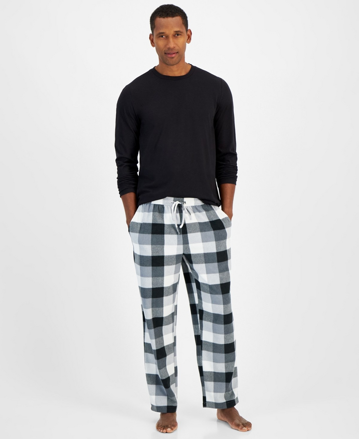 Translation missing: en.Club Room Men's Fleece 2Pc Plaid Pajama Set Black/White T-Shirt 2XL &amp; Pants XL
