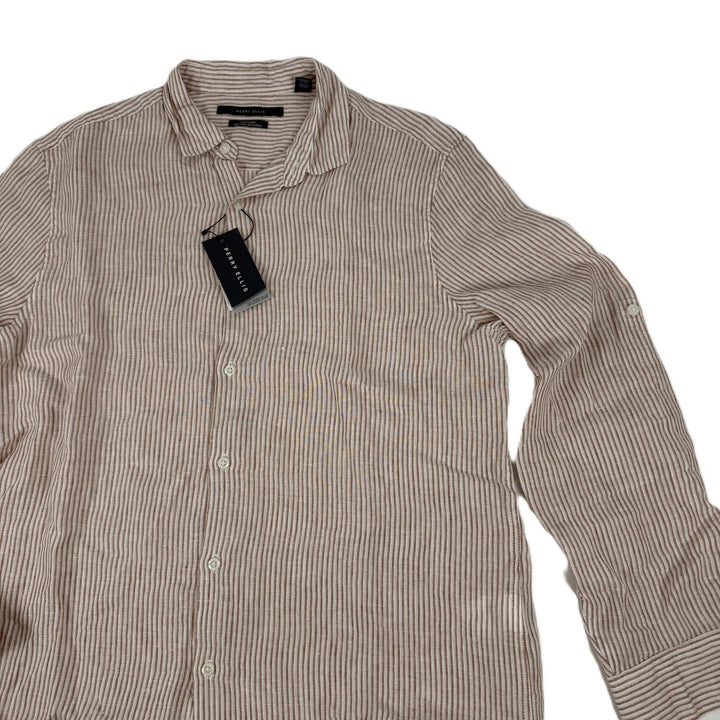 Translation missing: en.Perry Ellis Stripe Linen Roll-Sleeve Woven Button Down Shirt Copper Brown-Large