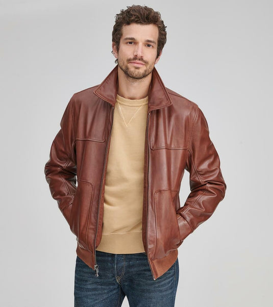 Translation missing: en.Andrew Marc Men's Vaughn Shirt Collar Leather Bomber Jacket in Cognac Brown-2XL