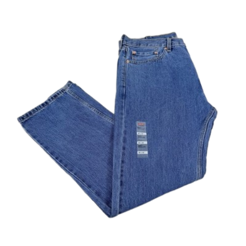 Translation missing: en.A pair of folded blue denim jeans with a straight-leg or bootcut silhouette, displayed on a clean white background