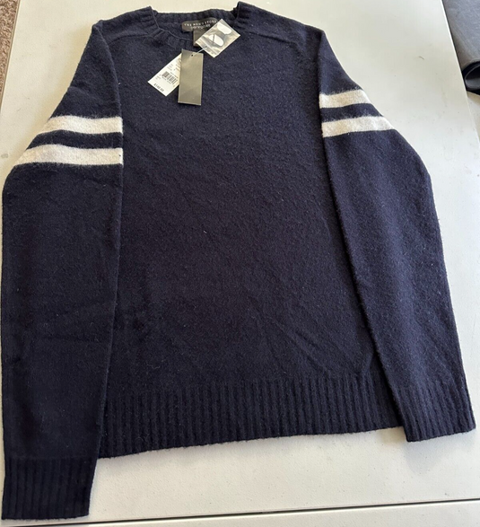 Translation missing: en.The Men's Store Designer Merino Wool Striped Sleeves Swater in Navy/White-Small
