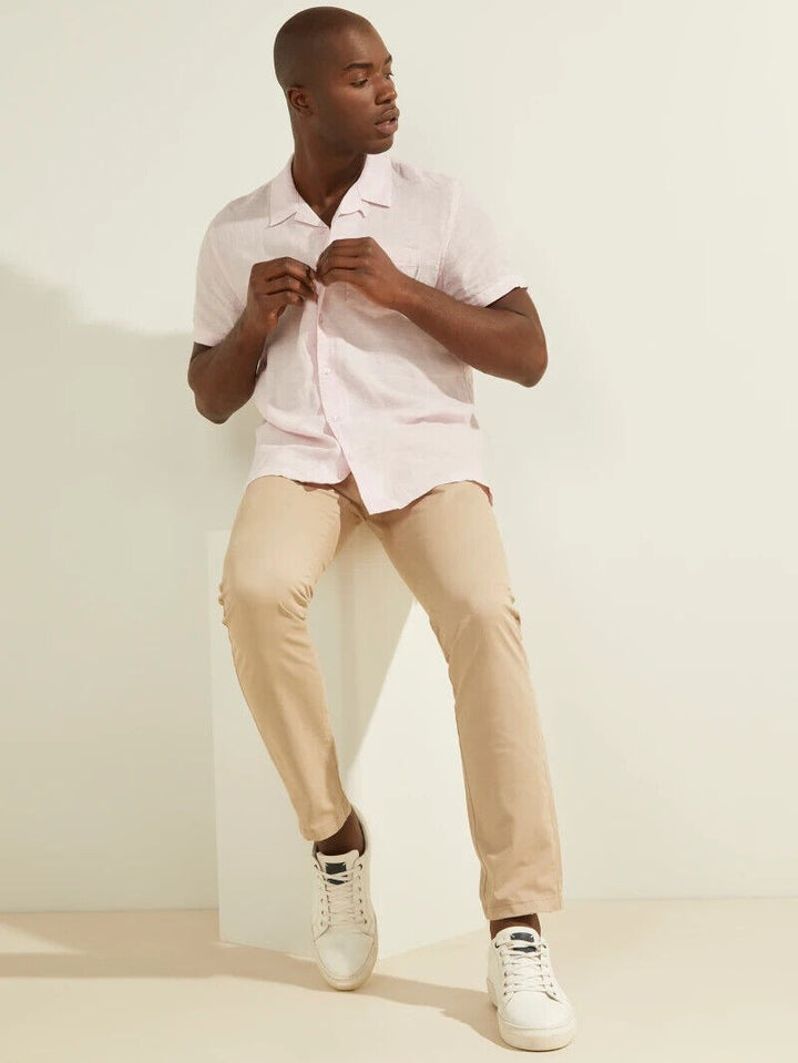 Translation missing: en.Guess Men's Regular Fit Eco Linen Camp Shirt in Blossom Light Pink Multi-Medium