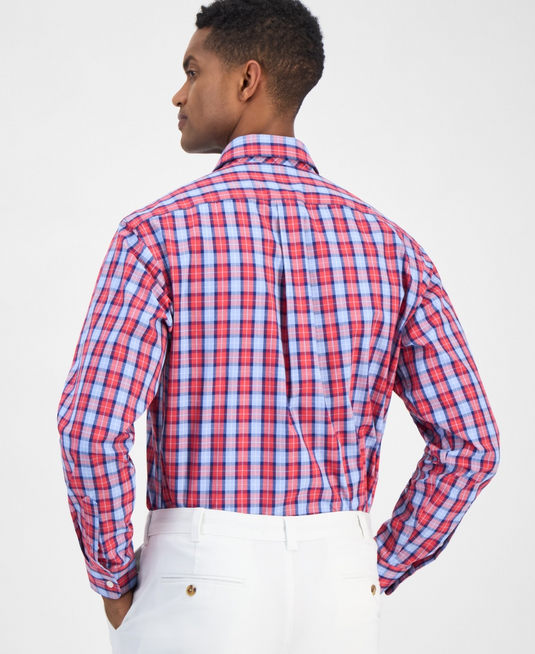 Translation missing: en.Club Room Men's Dress Shirt Size 18 36/37 Red Blue Plaid All Cotton Reg Fit