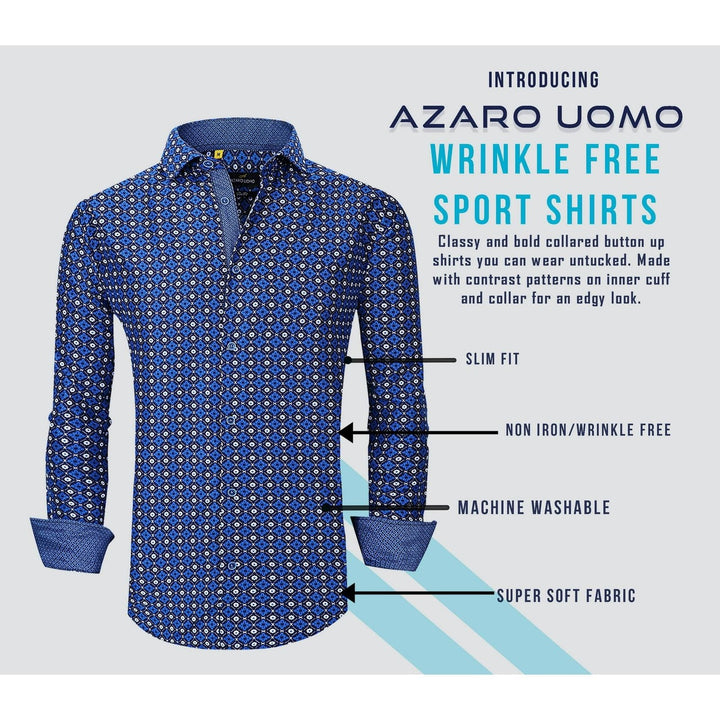 Translation missing: en.Azaro Uomo Men s Slim Fit L/S Geometric Button Down Shirt AZ303-33-NAVY-Large