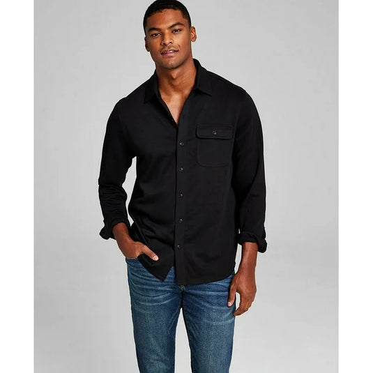 Translation missing: en.And Now This Men's Classic-Fit Solid Knit Button-Down Shirt in Black-Small