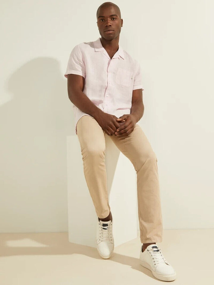 Translation missing: en.Guess Men's Regular Fit Eco Linen Camp Shirt in Blossom Light Pink Multi-Medium