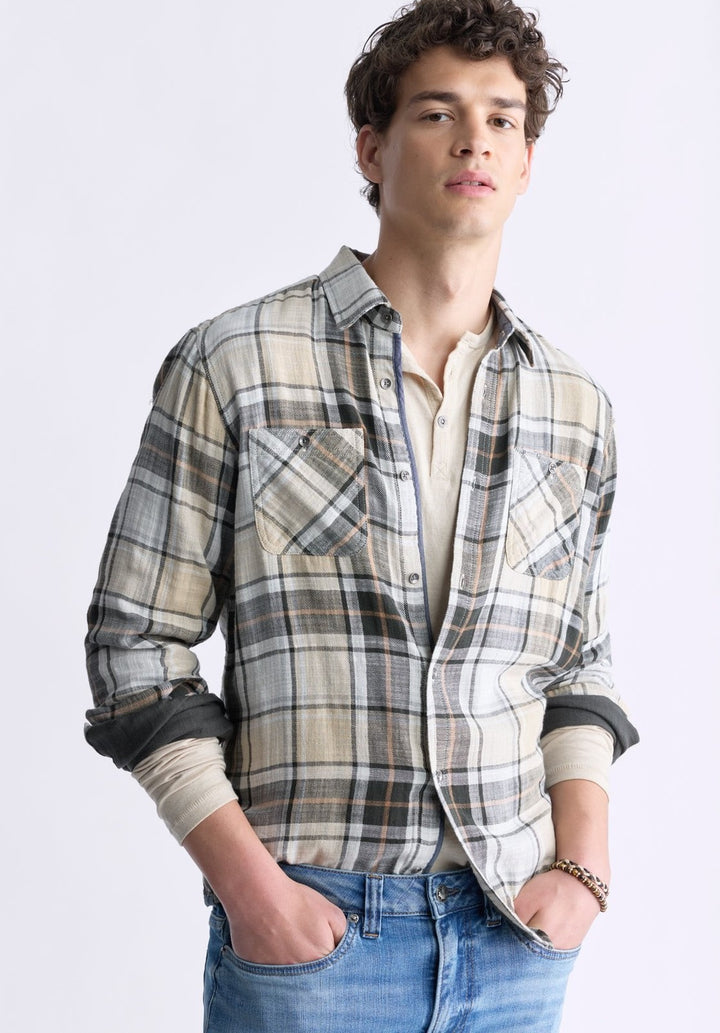 Translation missing: en.Buffalo David Men's Saolo Woven Plaid Cotton Shirt in Tan-Size Large