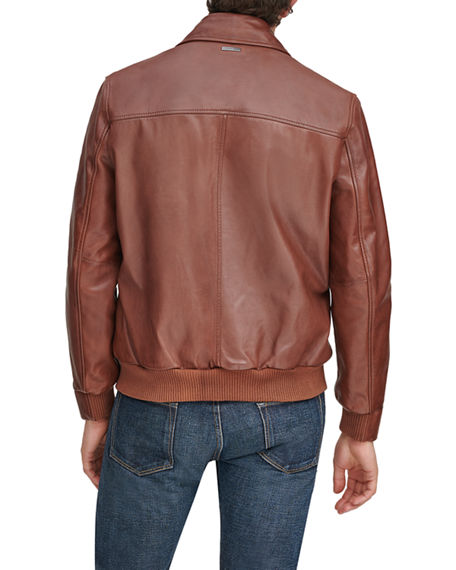 Translation missing: en.Andrew Marc Men's Vaughn Shirt Collar Leather Bomber Jacket in Cognac Brown-2XL